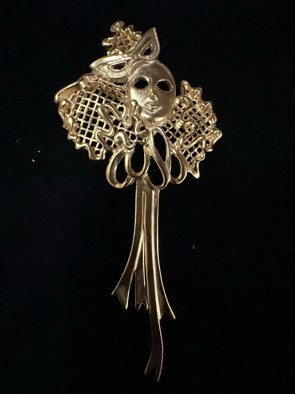 Vintage Gold Masquerade Mask Drop Brooch - Women Jewelry